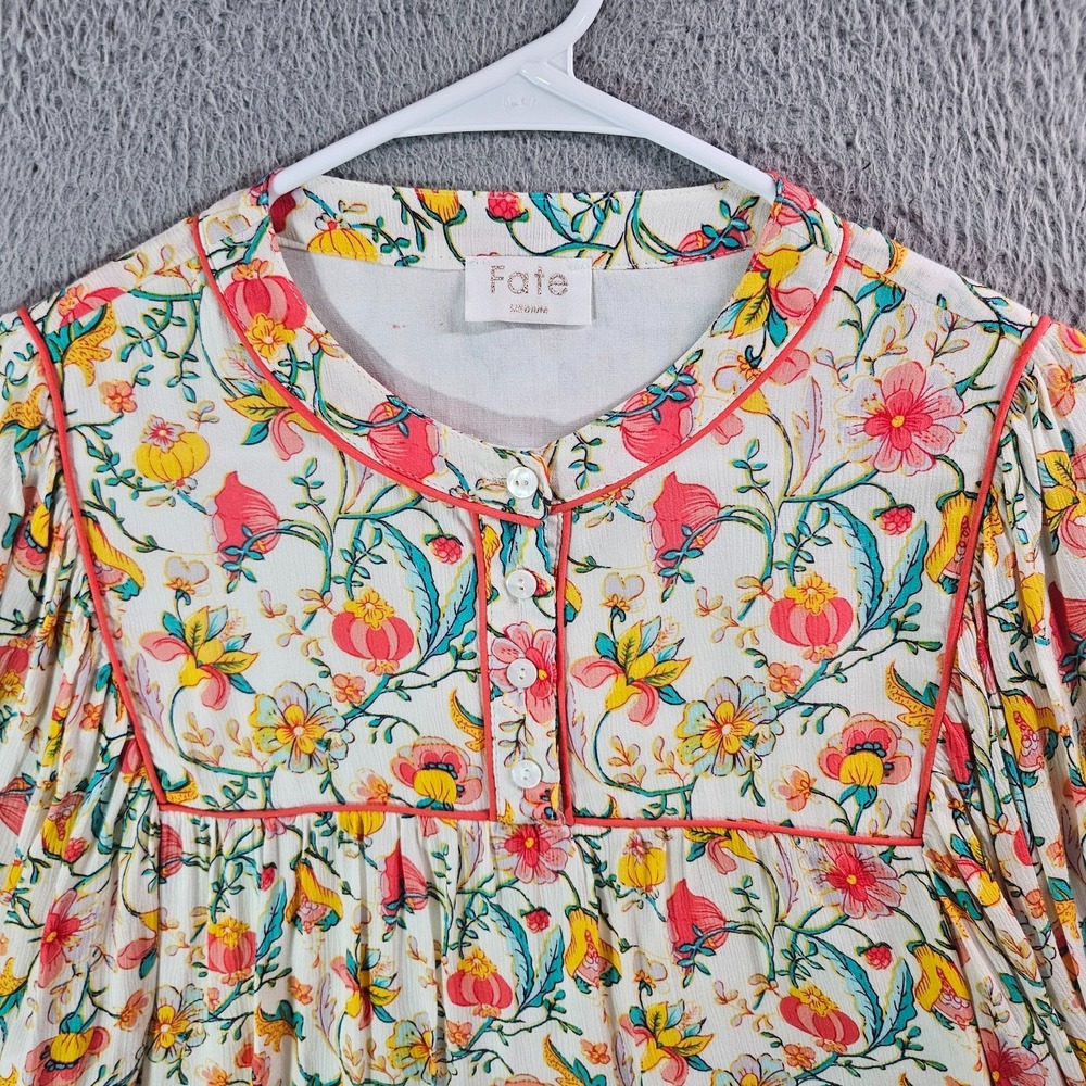 Fate Top Blouse Women Medium Lined Floral Print Balloon Sleeve Red Green Cream